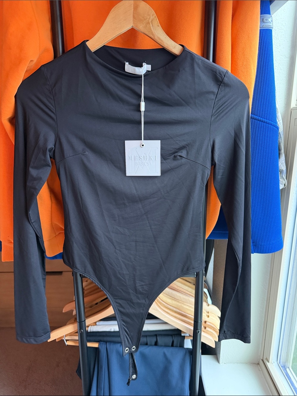 Meshki Black Long Sleeve Snap-Front Bodysuit